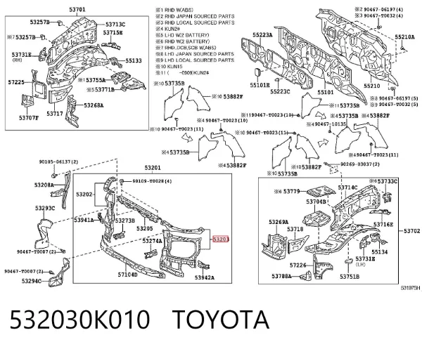 Suporte esquerdo do radiador (painel de montagem de fixação das luzes) 532030K010 Toyota