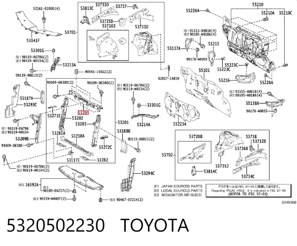 Suporte superior do radiador (painel de montagem de fixação das luzes) 5320502230 Toyota