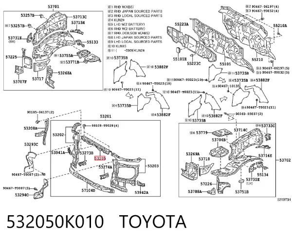 Suporte superior do radiador (painel de montagem de fixação das luzes) 532050K010 Toyota