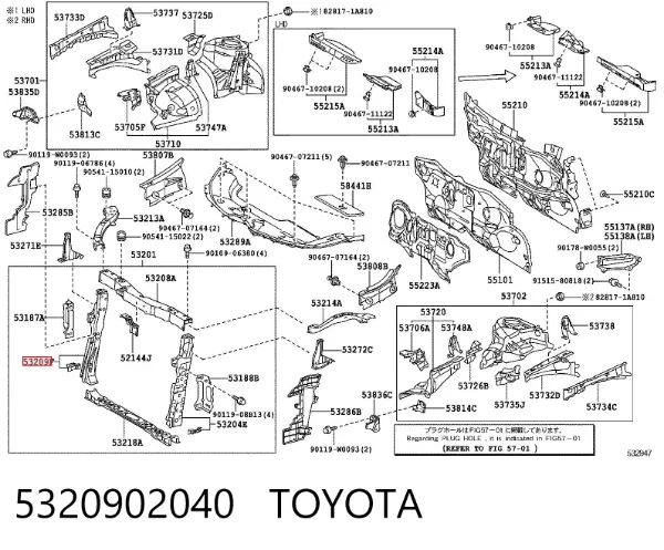 Suporte do radiador vertical (painel de montagem de fixação das luzes) 5320902040 Toyota