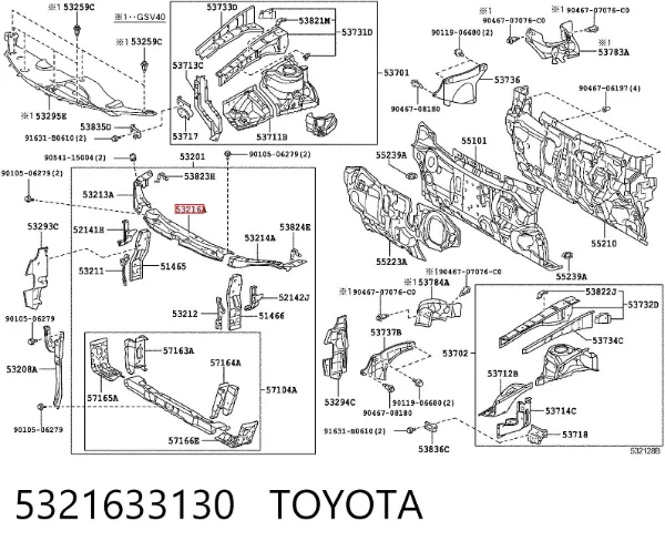 Suporte superior do radiador (painel de montagem de fixação das luzes) 5321633130 Toyota