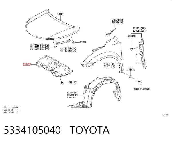 Isolamento de ruído da capota 5334105040 Toyota