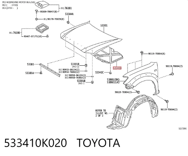 Isolamento de ruído da capota 533410K020 Toyota