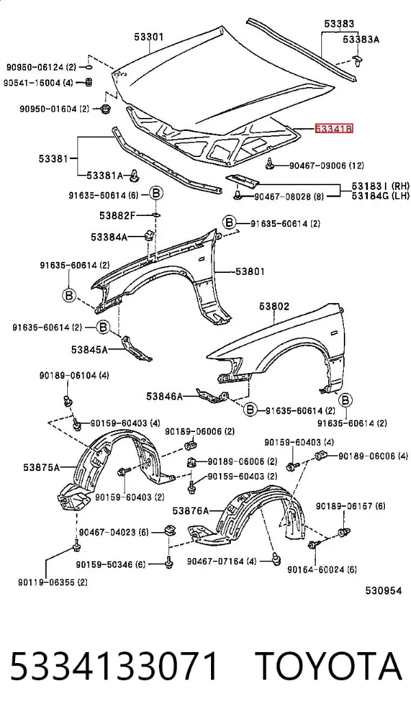 Isolamento de ruído da capota 5334133071 Toyota