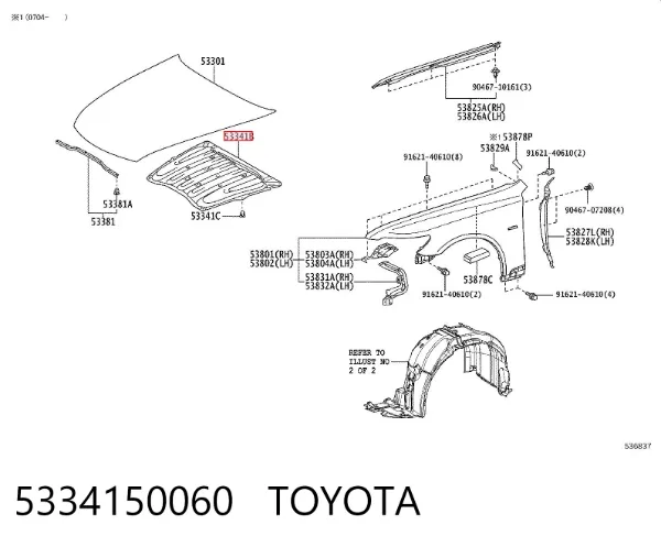 Isolamento de ruído da capota 5334150060 Toyota