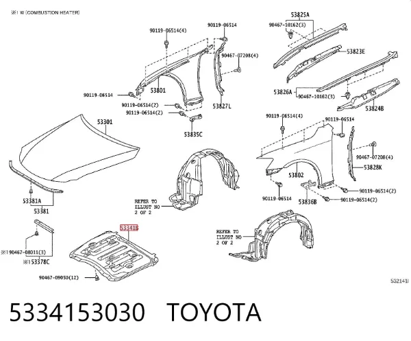 Isolamento de ruído da capota 5334153030 Toyota