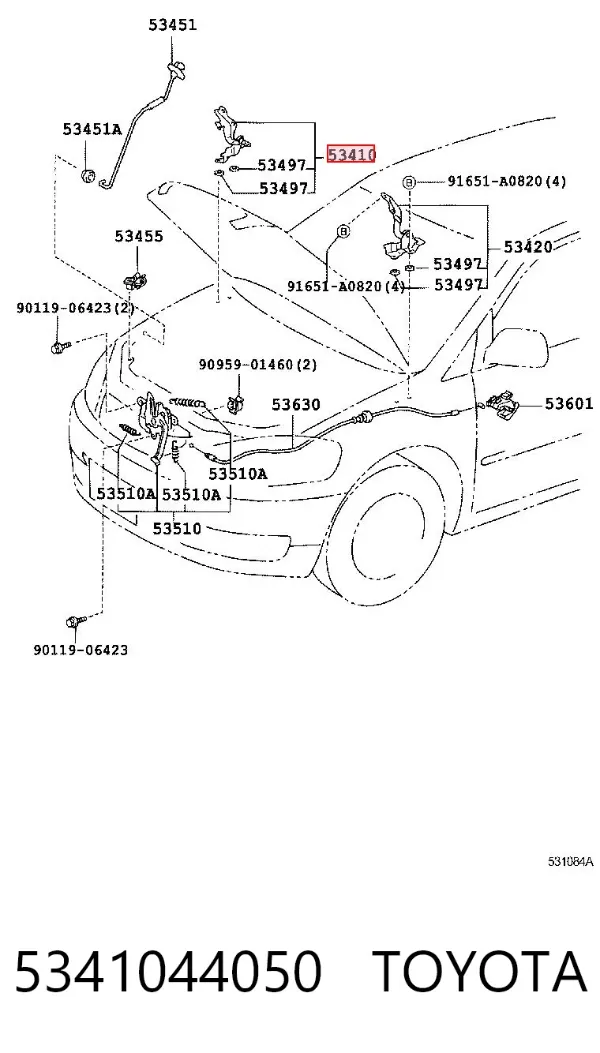 Gozno da capota esquerdo 5341044050 Toyota