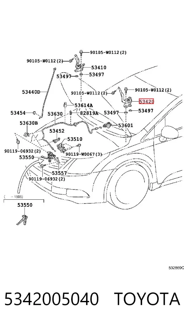Gozno da capota esquerdo 5342005040 Toyota