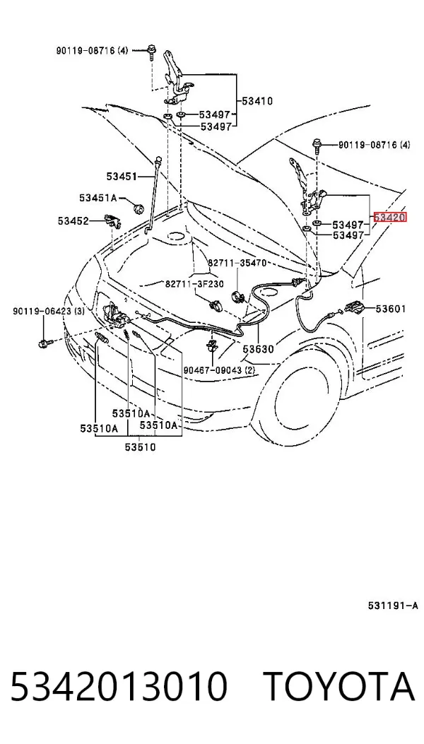 Gozno da capota esquerdo 5342013010 Toyota
