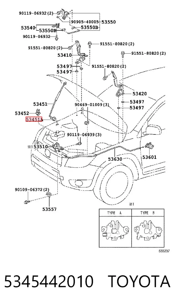 Fixador de suporte da capota 5345442010 Toyota