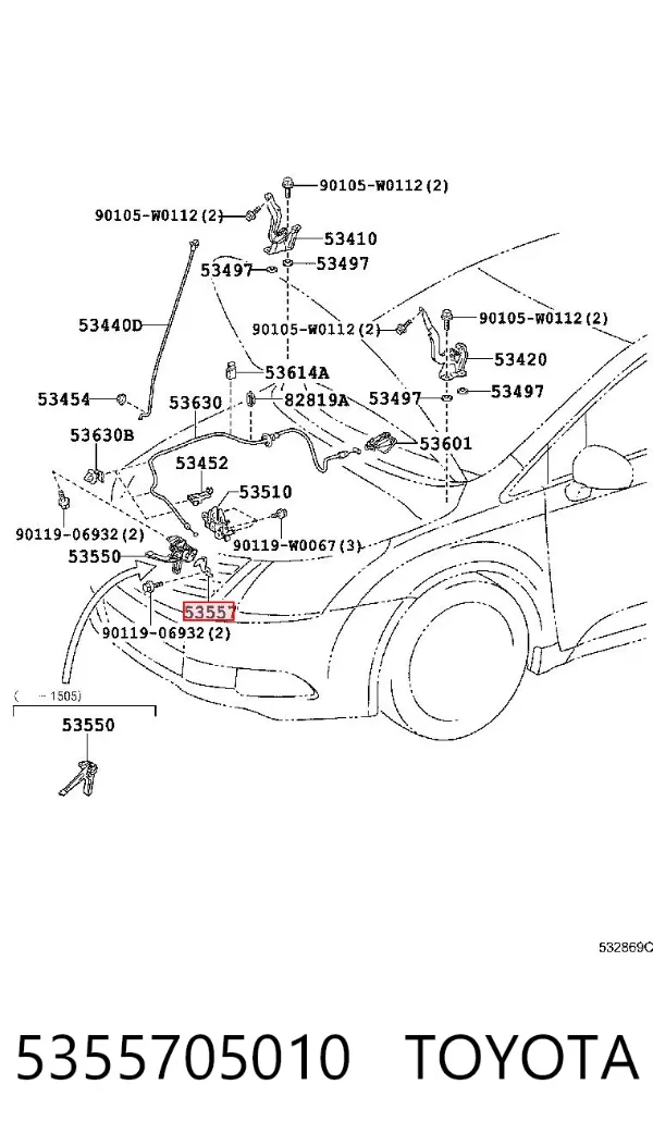 Viga con gancho do fecho da capota 5355705010 Toyota