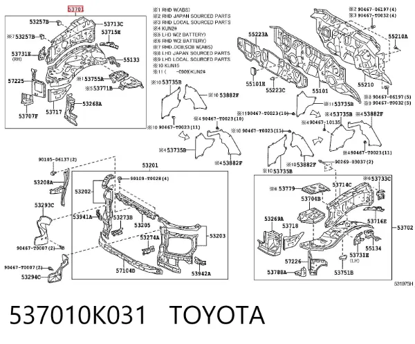Longarina de chassi dianteira direita 537010K031 Toyota