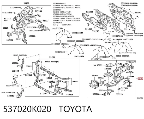 Longarina de chassi dianteira esquerda 537020K020 Toyota