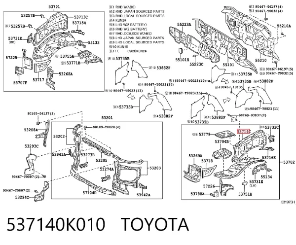 Consola dianteira de fixação do pára-lama dianteiro esquerdo 537140K010 Toyota