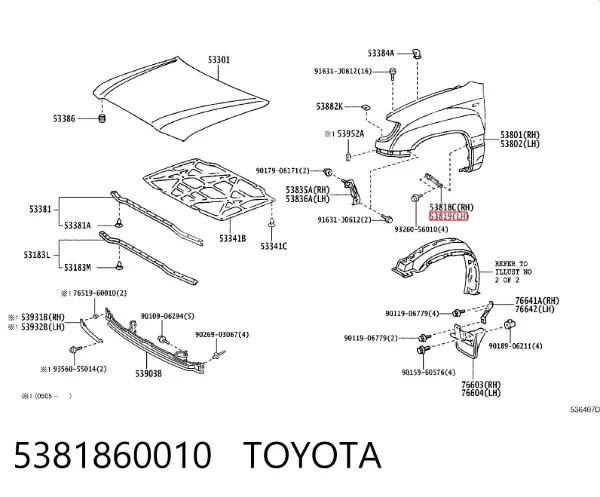 Consola traseira de fixação do pára-lama dianteiro direito 5381860010 Toyota