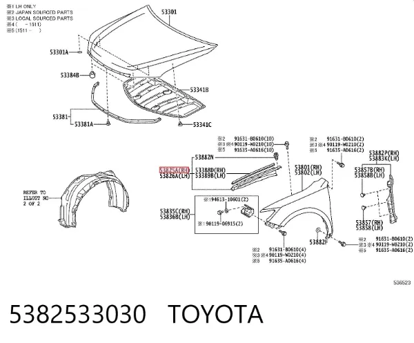 Placa sobreposta do pára-lama dianteiro direito 5382533030 Toyota