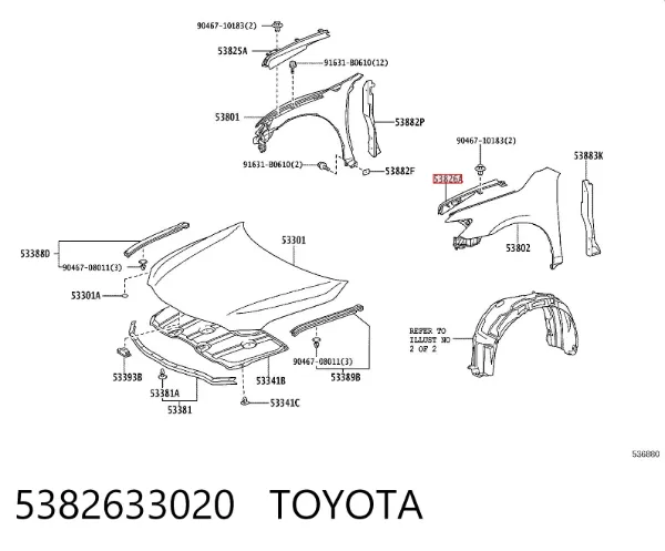 Placa sobreposta do pára-lama dianteiro esquerdo 5382633020 Toyota