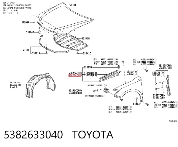 Placa sobreposta do pára-lama dianteiro esquerdo 5382633040 Toyota