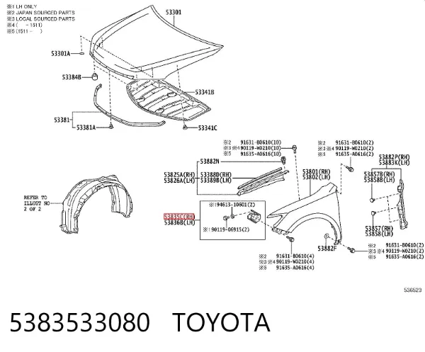 Consola dianteira de fixação do pára-lama dianteiro direito 5383533080 Toyota