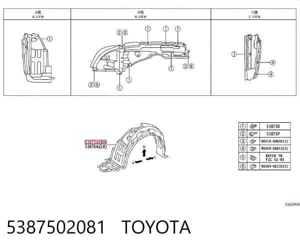 Guarda-barras direito do pára-lama dianteiro 5387502081 Toyota