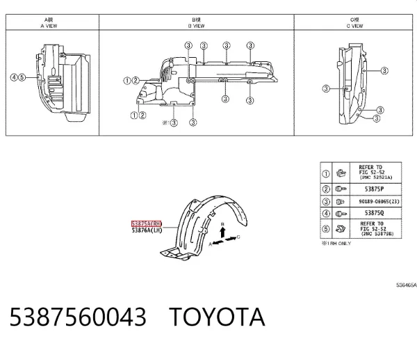 Guarda-barras direito do pára-lama dianteiro 5387560043 Toyota