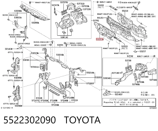 Isolamento contra o ruído do painel de motores 5522302090 Toyota