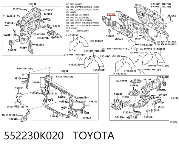 Isolamento contra o ruído do painel de motores 552230K020 Toyota