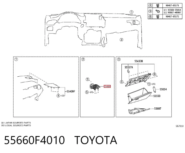 Grelha direita de ventilação de salão no "painel de instrumentos" 55660F4010 Toyota