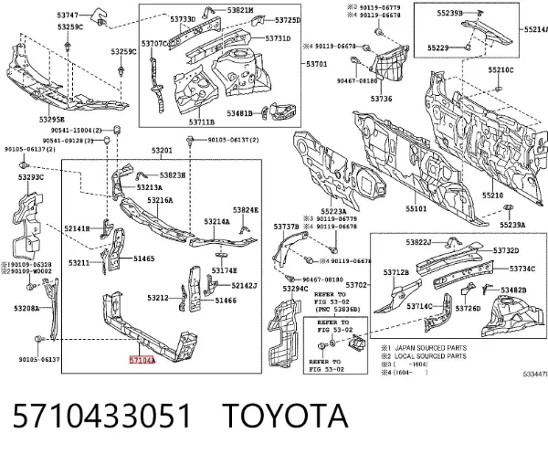 Suporte inferior do radiador (painel de montagem de fixação das luzes) 5710433051 Toyota