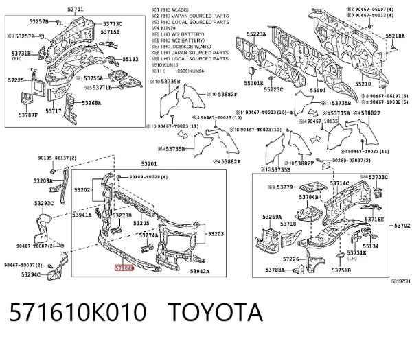 Suporte inferior do radiador (painel de montagem de fixação das luzes) 571610K010 Toyota