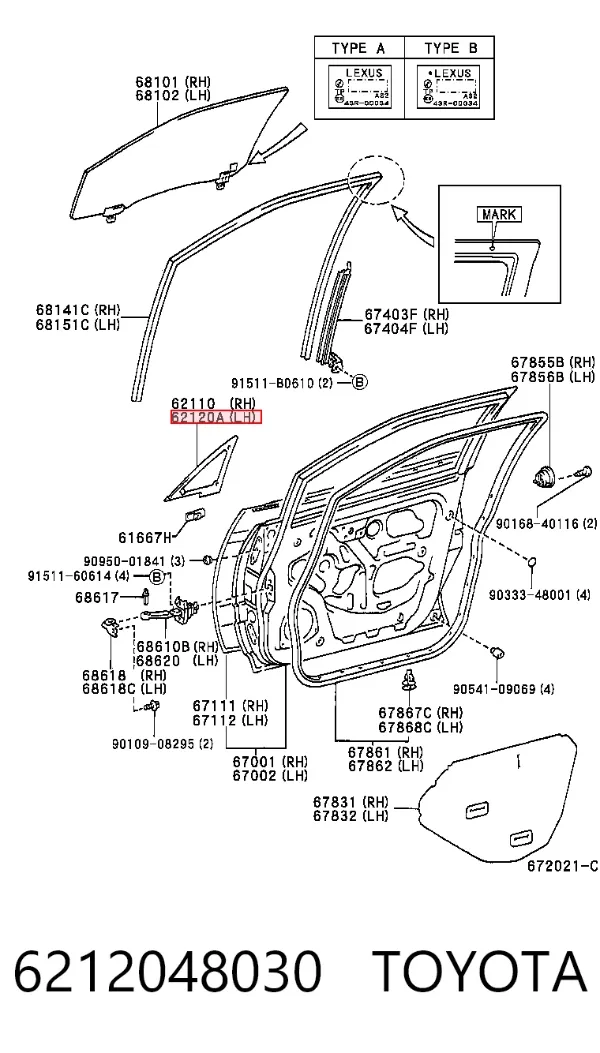 Vidro de janelo da porta dianteira esquerda 6212048030 Toyota