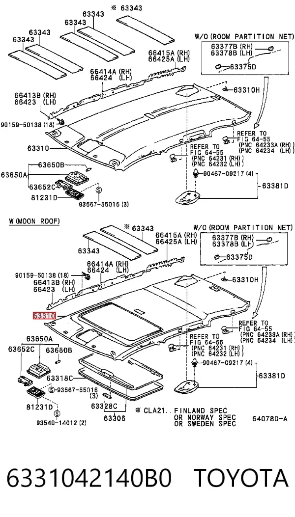 Revestimento do teto 6331042140B0 Toyota