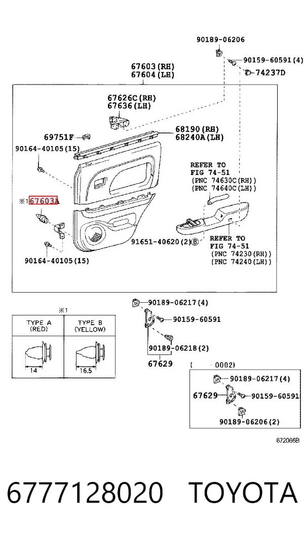 Cápsula (prendedor) de fixação de revestimento da porta 6777128020 Toyota