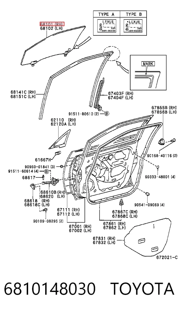 Vidro da porta dianteira direita 6810148030 Toyota
