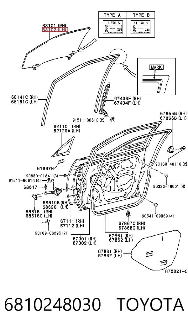Vidro da porta dianteira esquerda 6810248030 Toyota