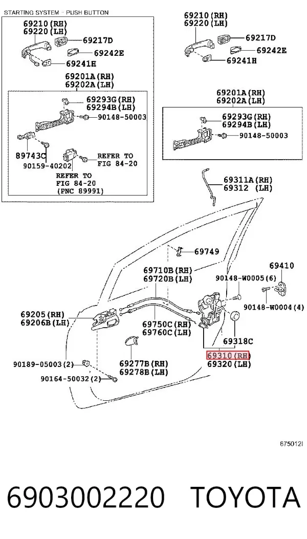 Fecho da porta dianteira direita 6903002220 Toyota