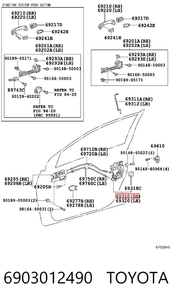 Fecho da porta dianteira direita 6903012490 Toyota