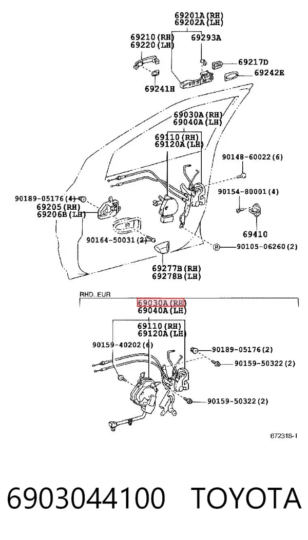 Fecho da porta dianteira direita 6903044100 Toyota