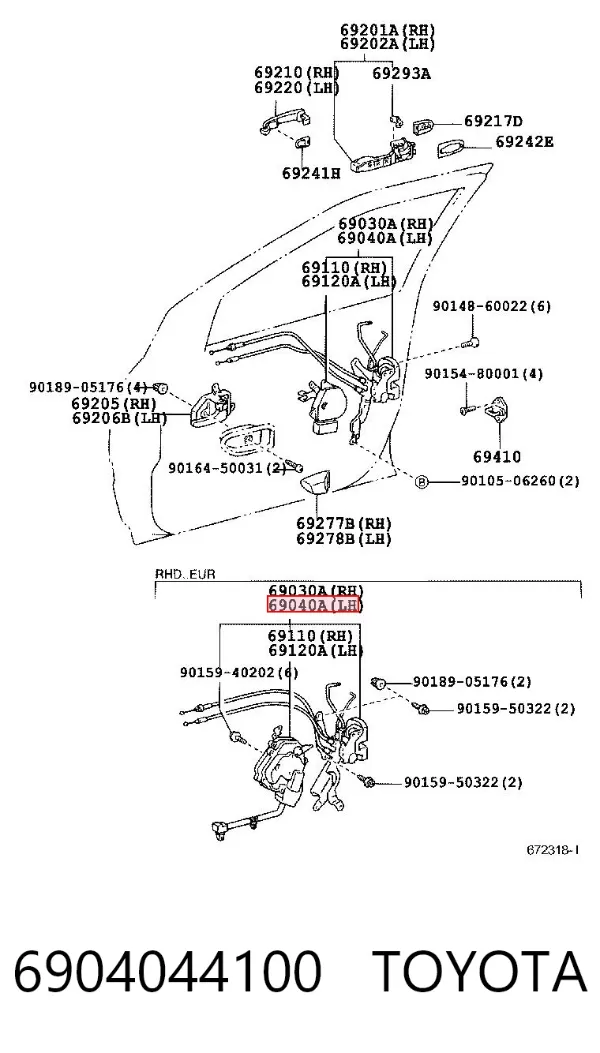 Fecho da porta dianteira esquerda 6904044100 Toyota