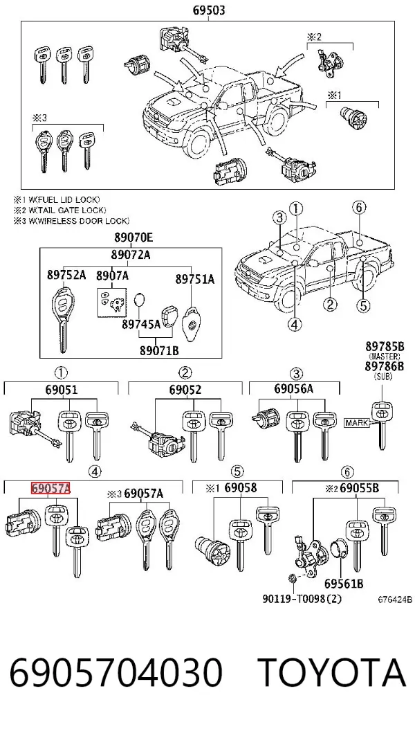 Trinco de fecho de ignição 6905704030 Toyota