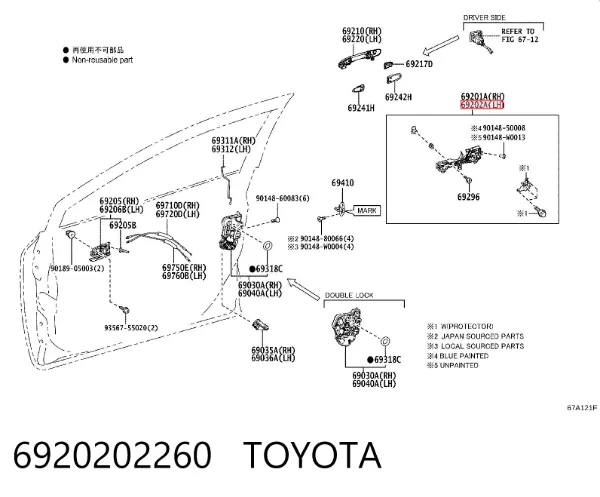 Maçaneta dianteira esquerda externa da porta 6920202260 Toyota