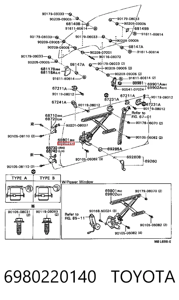 Mecanismo de acionamento de vidro da porta dianteira esquerda 6980220140 Toyota