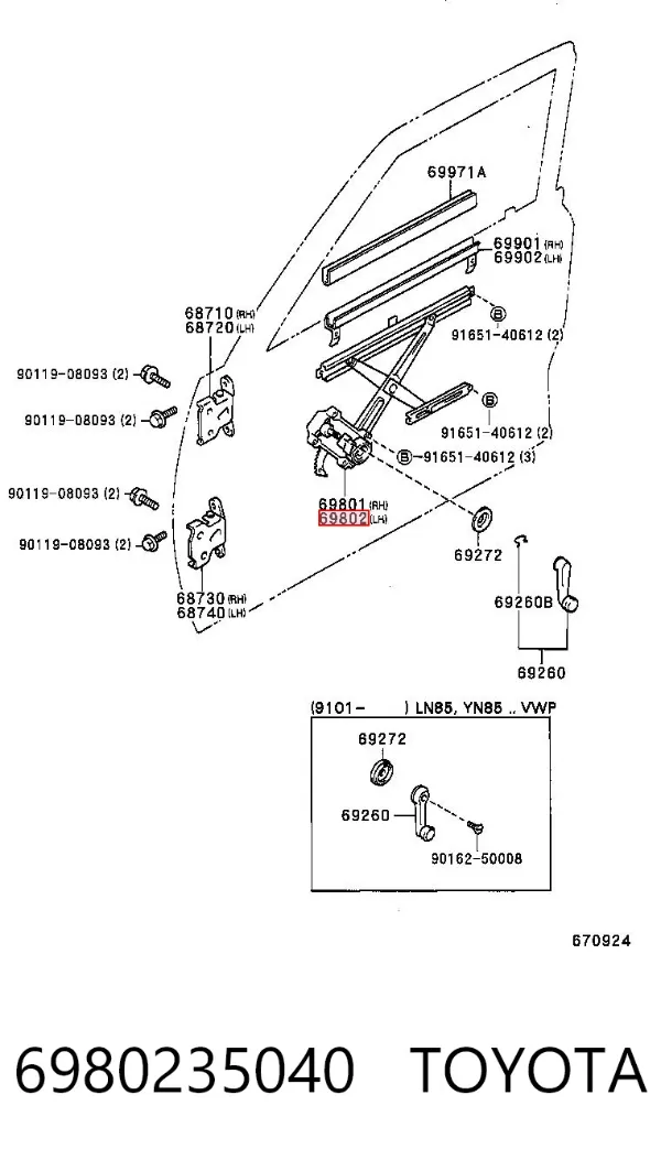 Mecanismo de acionamento de vidro da porta dianteira esquerda Toyota Hilux N
