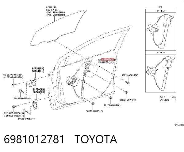 Mecanismo de acionamento de vidro da porta dianteira direita 6981012781 Toyota