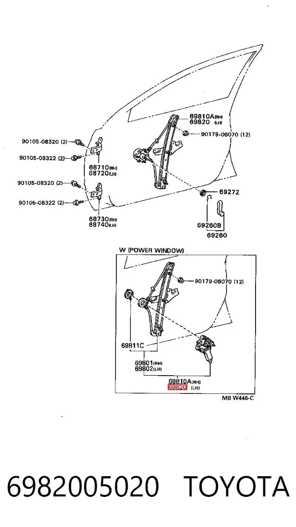 Mecanismo de acionamento de vidro da porta dianteira esquerda 6982005020 Toyota