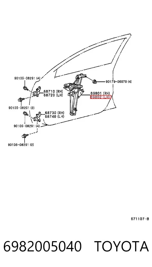 Mecanismo de acionamento de vidro da porta dianteira esquerda 6982005040 Toyota
