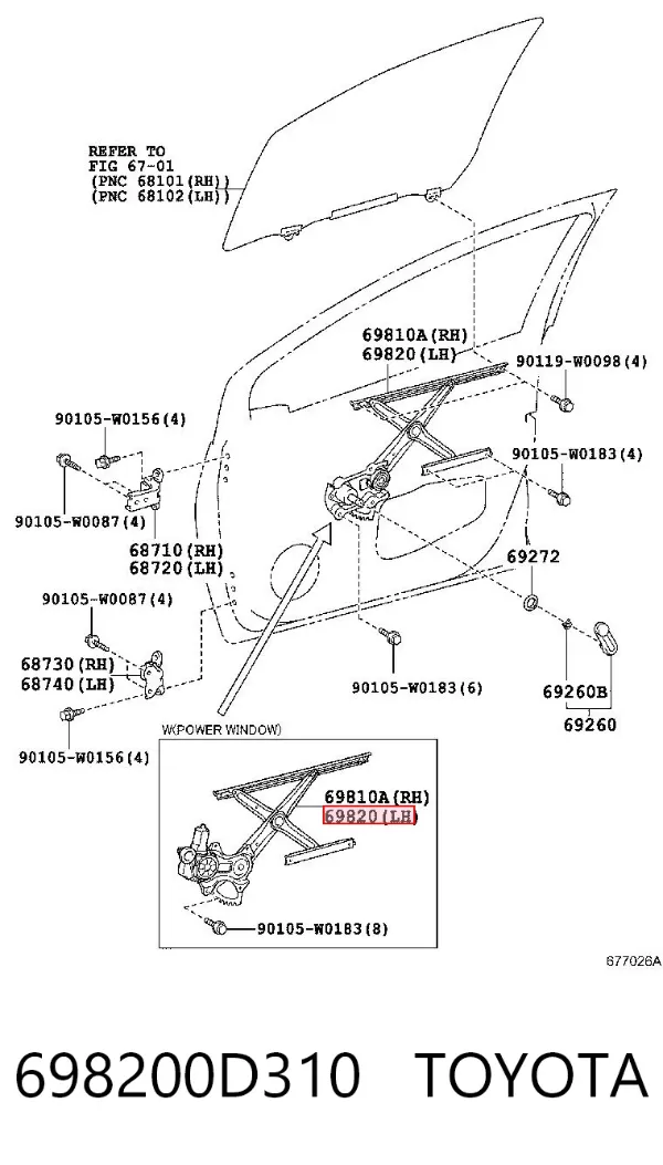 Mecanismo de acionamento de vidro da porta dianteira esquerda 698200D310 Toyota