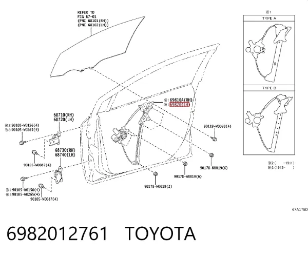 Mecanismo de acionamento de vidro da porta dianteira esquerda 6982012761 Toyota
