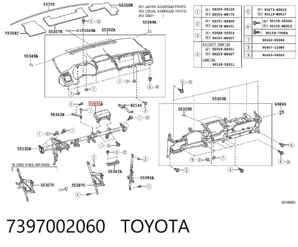 Cinto de segurança (AIRBAG) de passageiro 7397002060 Toyota