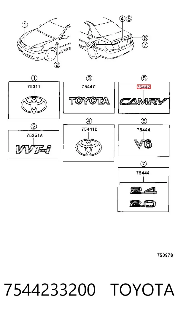 Emblema de tampa de porta-malas (emblema de firma) 7544233200 Toyota